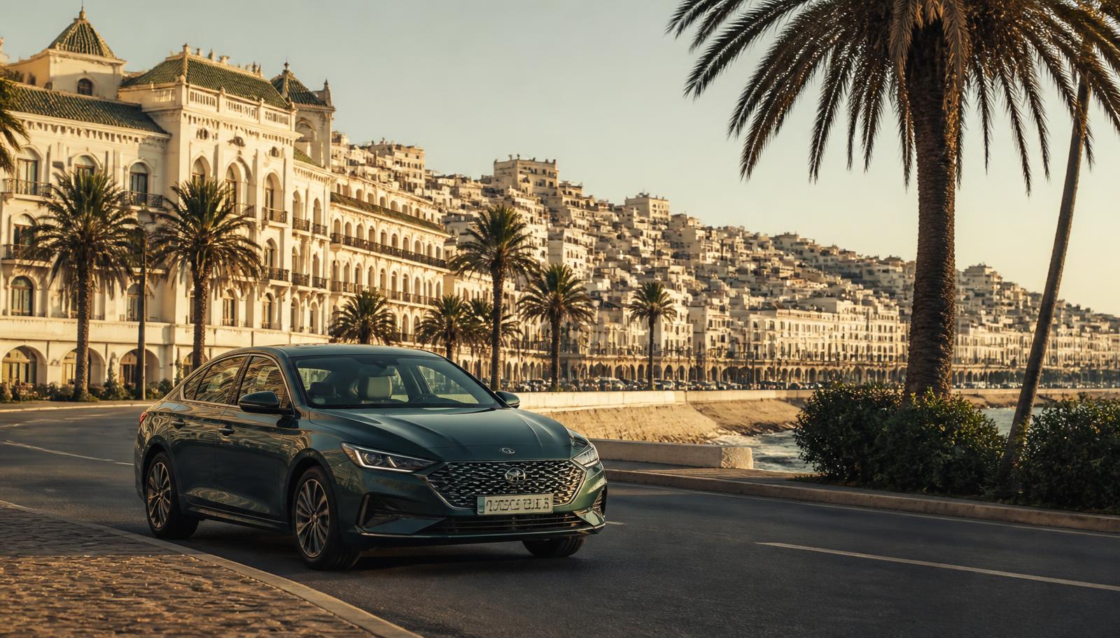 Voiture sur le front de mer d'Alger au coucher du soleil